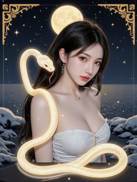 A stunning young woman with glowing, luminous snakes as her hair, each snake radiating soft neon light. Her skin is smooth and porcelain-like, with a faint shimmer under the moonlight. Her deep-set eyes glow with an ethereal hue, and her expression is sere...