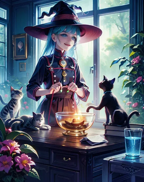  Beautiful girl who laughs very hard 、 multiple cats、Lots of cats 、、 The kitten in the fishbowl 、 The cat is in the bowl 、Theme:Calm Madness/Calm Madness /Calm Madness、Cheating on each other、 very smiling、very beautiful witch 、 The cat is very creepy 、witc...