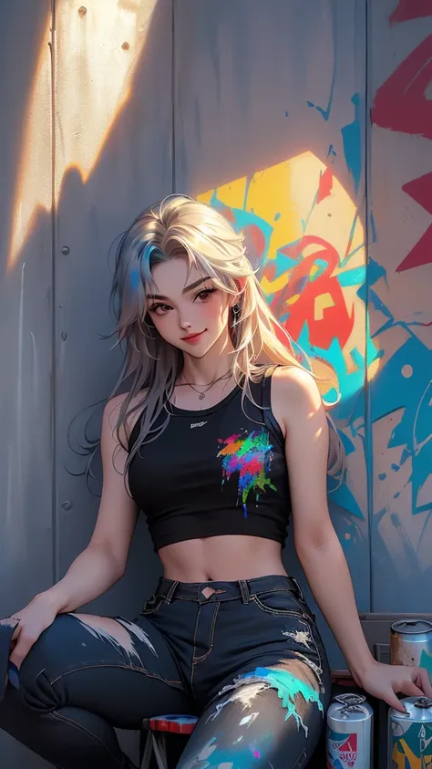 最 high quality、 Better image quality 、 body masterpiece、 Teenager ((18 years old、 By becoming、vest bust、medium bust,open chest tea 、Black eye,  blond hair、Habitual hair、 long hair、delgado,highest valley、 black tank top with belly button、 blue shorts、 Holdi...