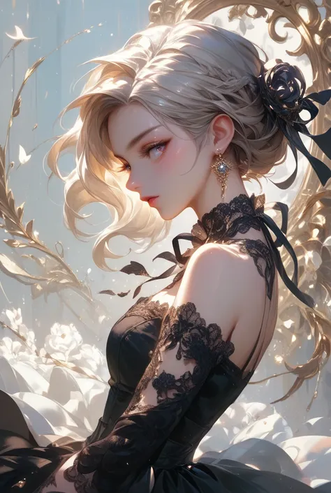 1girl,solo,black dress,lace trim,bare shoulders, mori_calliope
