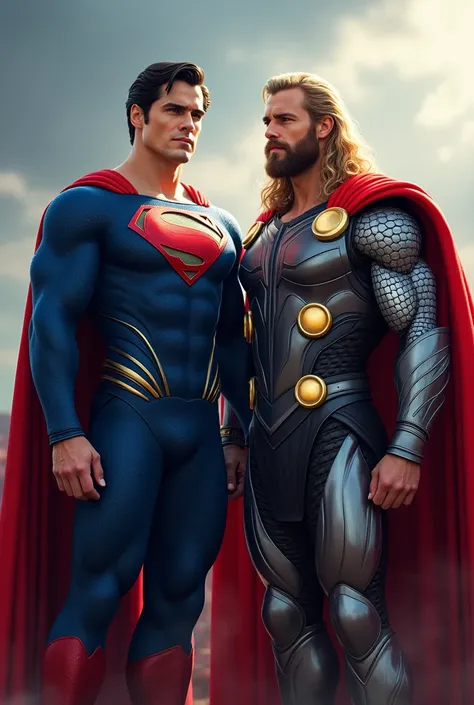 If you just want an example of what a prompt would look like to create an image inspired by Superman and Thor,  Here's a detailed description :

" A realistic illustration showing two heroes inspired by Superman and Thor .  The Superman-based character wea...