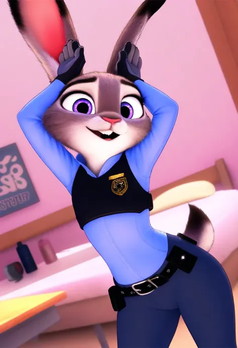 masterpiece,best quality,amazing quality,very aesthetic,absurdres,newest, vivid colors, judy hopps \(zootopia\), judy hopps, anthro, furry, rabbit ears, grey fur, two-tone fur, rabbit girl, purple eyes, rabbit tail, buck teeth, (4 fingers:1.2), police unif...