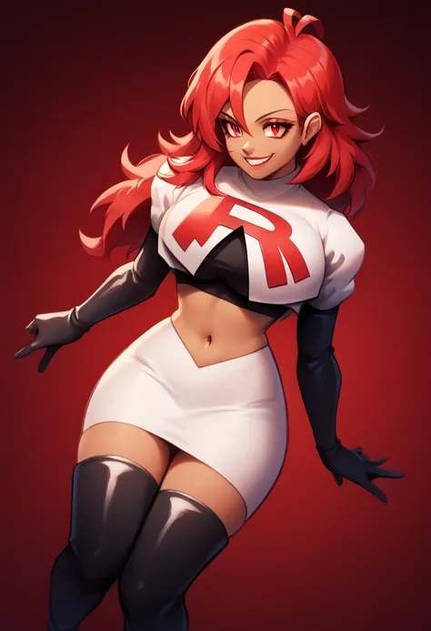 masterpiece, best quality, 1 girl, Team rocket, team rocket uniform, red letter R, white skirt,white crop top,black thigh-high boots, black elbow gloves, large breasts, high-heeled boots, evil smile, BREAK, red hair, red eyes, defHapi, long hair, dark skin