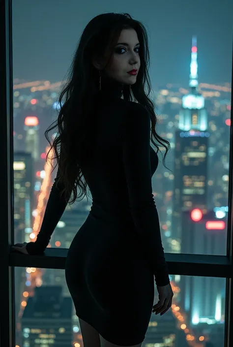 mndngwmn, long hair, wearing a turtleneck bodycon dress, on a balcony at night with city on background, (ultra realistic, 8k,high quality)