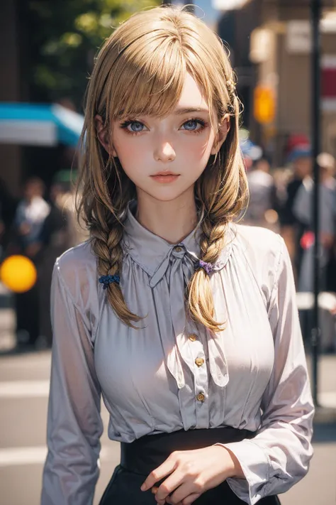  best quality,  photorealistic, 1peopleの女の子, woman,( skidentation ),   medium breast, ( BRIGHT), ( professional lighting, Bokeh), (street), people々, crowd,  braided bangs , ( blouse:1.5), (portrait:0.8), nice, bloom,  floating hair, ( dynamic pose :0.6) , ...