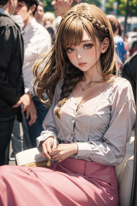  best quality,  photorealistic, 1peopleの女の子, woman,( skidentation ),   medium breast, ( BRIGHT), ( professional lighting, Bokeh), (street), people々, crowd,  braided bangs , ( blouse:1.5), (portrait:0.8), nice, bloom,  floating hair, ( dynamic pose :0.6) , ...