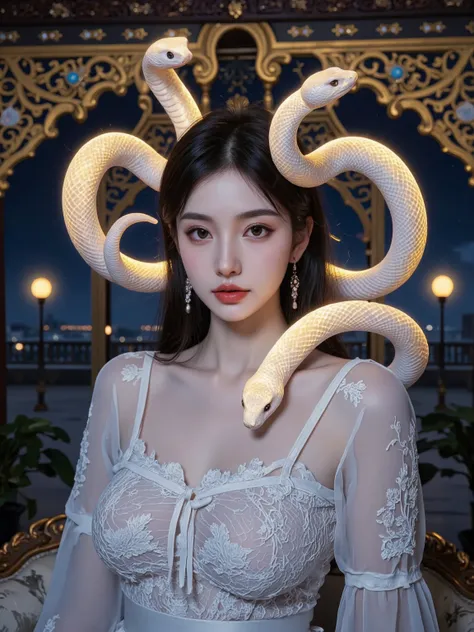 A stunning young woman with glowing, luminous snakes as her hair, each snake radiating soft neon light. Her skin is smooth and porcelain-like, with a faint shimmer under the moonlight. Her deep-set eyes glow with an ethereal hue, and her expression is sere...