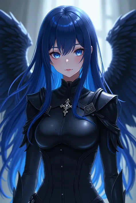 ( maximum quality,  best quality,  official art ,  Beautiful and aesthetic:1.2)  anime girl , Crow wings on the back,  blue eyes, long blazing blue and black hair, Armadura preta.