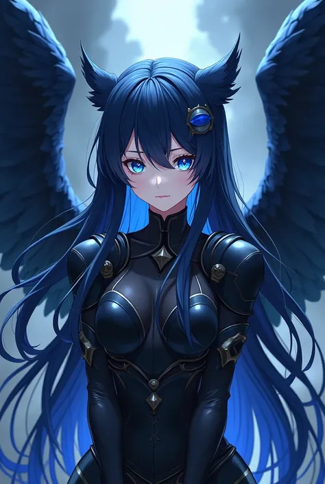 ( maximum quality,  best quality,  official art ,  Beautiful and aesthetic:1.2)  anime girl , Crow wings on the back,  blue eyes, long blazing blue and black hair, Armadura preta.