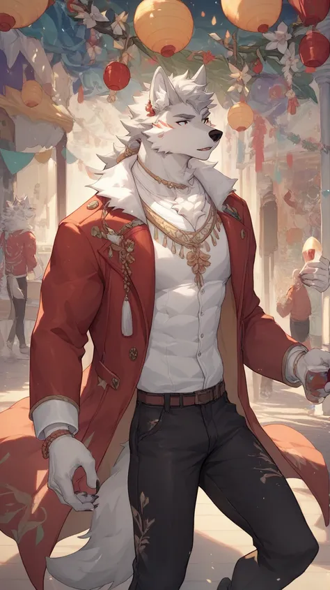 wolf, Very light gray hair,White chin,Red coat, black pants，Festive atmosphere, Spring Festival decorated rooms