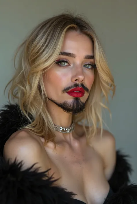 Young blonde woman with natural beard and mustache wearing a brown fur coat, wearing make-up eyelashes, medium hairstyle, red lipstick, hot model posing, holding another woman