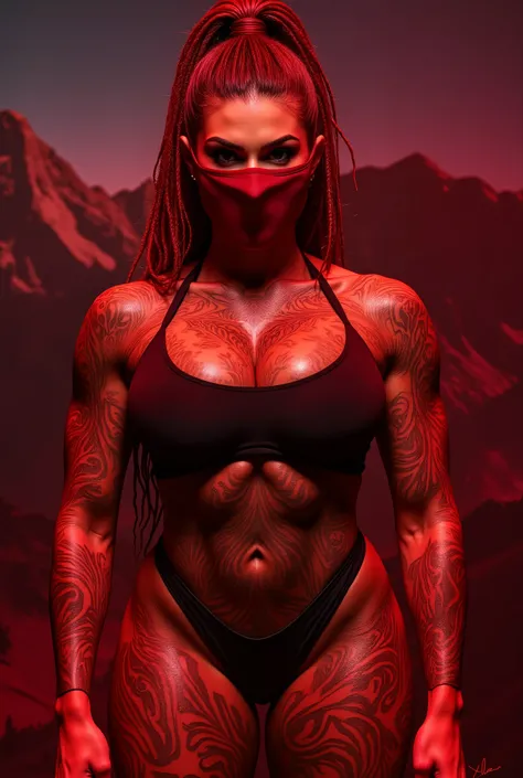 Cathy Kelly with very intense look in the world with very leanest very toned very vascular looking body structure in the world wearing very darkest red fully covering completely fully face in the world completely mask color in the world wearing very darkes...