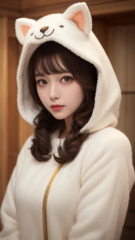  cat in white bear costume 、brown fluffy cat 、 white bear costume with hood、Cute cat、 photorealistic、8k、 high quality、masterpiece、 Detailed fur texture 、Detailed Outfit Design 、 studio lighting、realistic lighting、 vibrant colors、Warm lighting、 soft focus