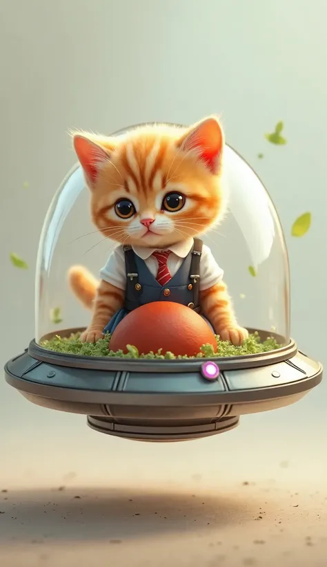 (kitten cat orange , cute, dressed school uniform)  using flying saucer containing meatball