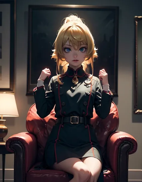 1 person sitting in an armchair with his hands up, text: Absolute cinema, Tanya Degurechaff TanyaTheEvil Youjo Senki, highly detailed, cinematic lighting, dramatic pose, hyperrealistic, chiaroscuro, muted color palette, intricate details, oil painting, 8K,...