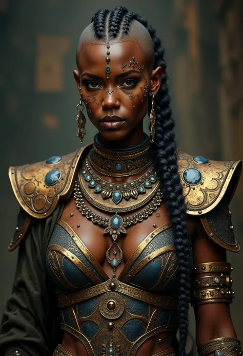 Sexy black african warrior girl, arabian tribal armor, intricate details, beautiful face, ((african black girl)), (((shaved hair except for a braid))), ((no hairs)), ((dark skin)), ((braids)), ((lot of jewelry)), piercings 