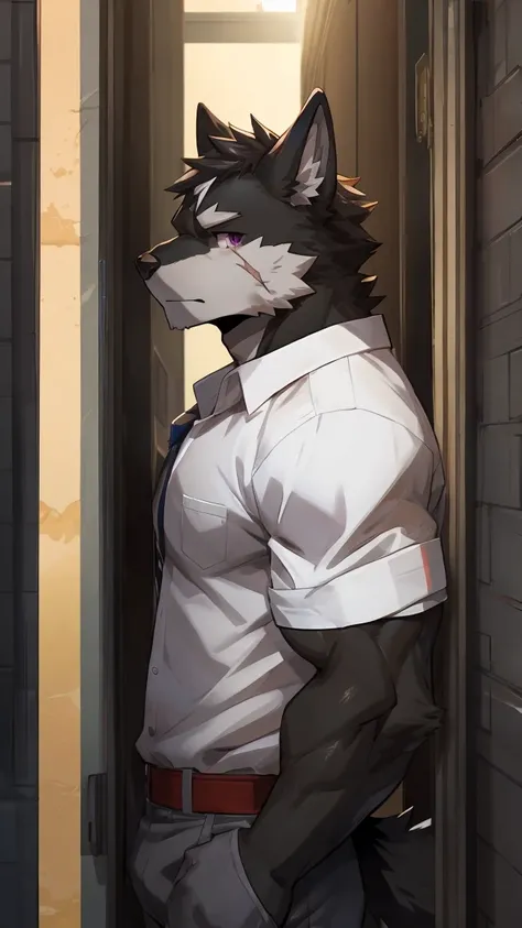 embedding:black wolf, male,purple eyes,Scar on the face, scar on the body,Single person,deliveryman，Standing outside the door,In the corridors,white shirt,Robust,Contempt,With the express box in his hand,The highest quality of scene detail,adult,Tall and p...