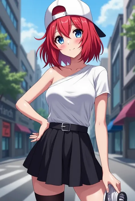 anime 37-year-old woman, red hair, blue eyes, white backwards cap, white one-shoulder t-shirt, black skirt, black stockings, white sneakers.