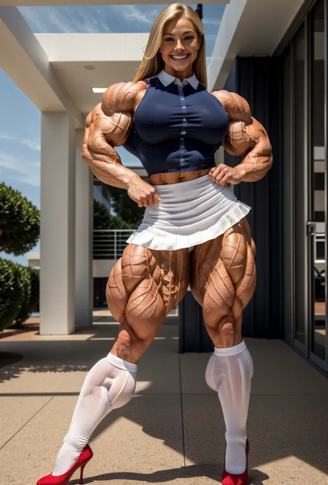 A super realistic full body representation of a highly muscular blonde Caucasian woman. She resembles a professional bodybuilder with ultra thick, voluminous and well defined leg muscles and a slim, sculpted waist. Her abdominal muscles are well defined, h...