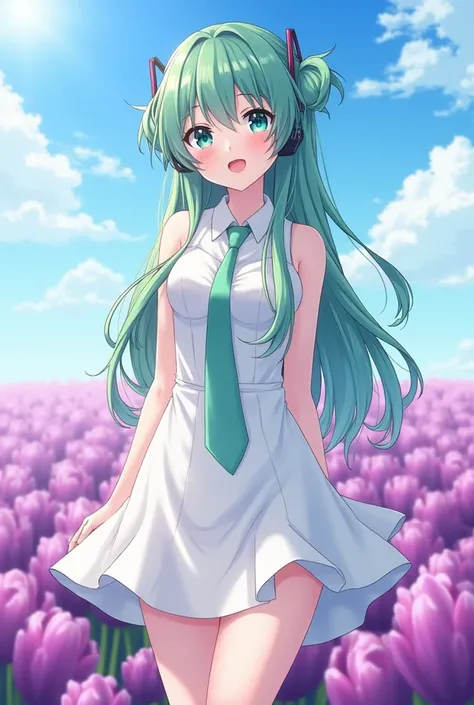   Hatsune Miku in a white dress, with a cheerful and lively face   , in a purple tulip field with a beautiful sky  , green tie ,    long hair  ,((((   And only with the dress and tie   !!!!!))))(((    details and anime style with detailed and realistic dig...