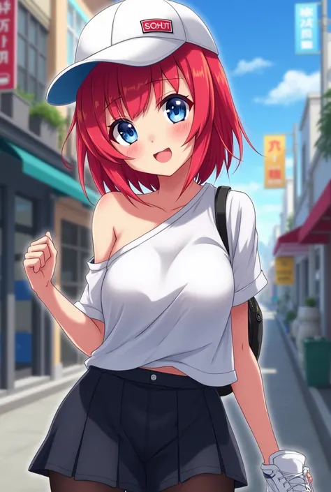 anime 37-year-old woman, red hair, blue eyes, white backwards cap, white one-shoulder t-shirt, black skirt, black stockings, white sneakers.