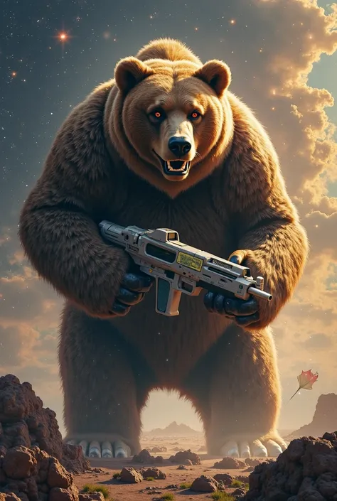 Giant bear with a jacket and optical helmet and futuristic weapon and galactic universe background 