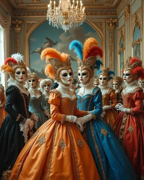 The image depicts a large masked ball with several face doll figures in luxurious and elaborate costumes, characteristic of the Baroque or Rococo period. The clothes are extremely detailed, with vibrant colors such as orange, blue, gold and red, as well as...