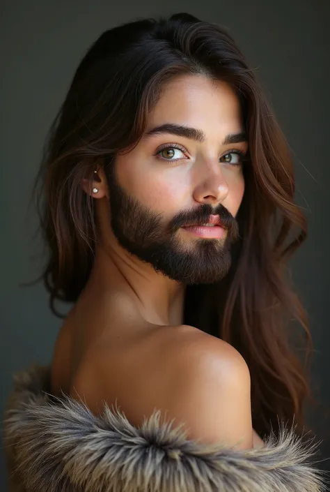 Ultra-Realistic, Precision portrait, a young american bearded woman, female face with a natural real brown beard and mustache, with brown hair, wears massive animal fur, shoulders exposed, beautiful make-up, beautiful eyes and eyelashes, in her twenties, l...