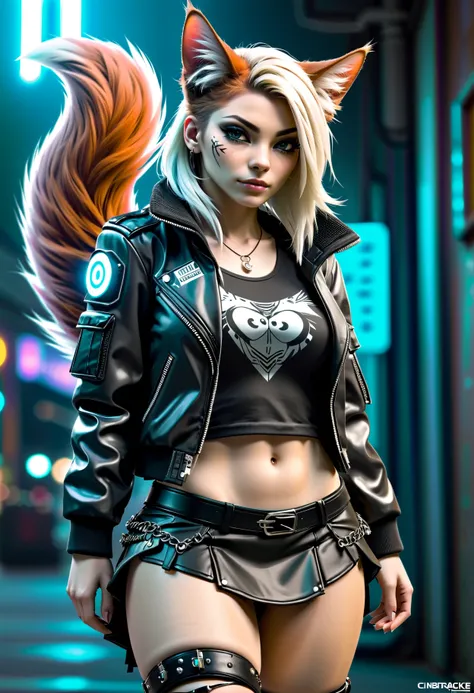 photo of beautiful woman, furry, cyberpunk, skirt, feline_hybrid hyperdetailed, realistic, jacket, shirt, punk, tail