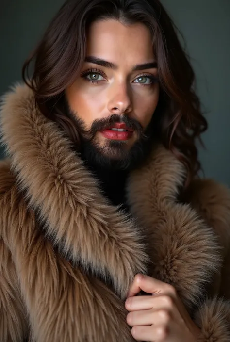 Close-up image, young american bearded woman with natural full beard and mustache wearing a massive brown fur coat, feminine beauty make-up and long eyelashes, medium hairstyle, red lipstick, hot model posing hugging herself