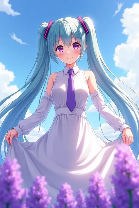   Hatsune Miku in a white dress, with a cheerful and lively face   ,  in a purple lavender field and with a beautiful sky  ,  purple tie ,    long hair  ,((((   And only with the dress and tie   !!!!!))))(((    details and anime style with detailed and rea...