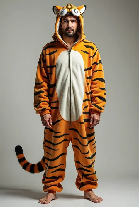 30-year-old man in tiger costume,  the costume is pajama-type with a one-piece zipper and has a hood. The costume has a tail 70 cm long and 10 cm in diameter. The image is hyperrealistic 