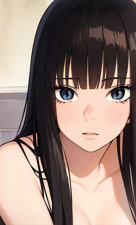 ((best quality)),((highly detailed)),masterpiece,absurdres,detailed face,beautiful face,((detailed eyes, deep eyes)),((dynamic pose)), 1femboy, girl, black hair, solo, long hair, bangs, black eyes, blunt bangs, blush, looking at viewer, open mouth, (nude) ...