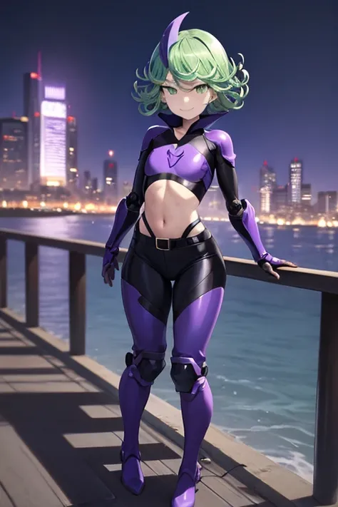 Masterpiece, best quality, ultra detailed, illustration, lighting epic, cinematic composition, 1 girl, Tatsumaki, short hair, green hair, very small breasts, green eyes, bright eyes, smiling, closed mouth, piercing gaze, full body, black collar, tall, very...