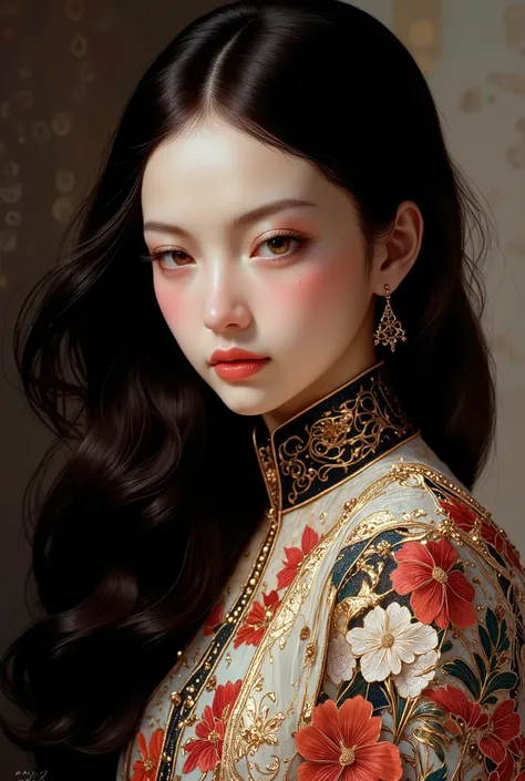 ((best quality)), ((masterpiece)), (detailed), Create a portrait of a young, stunningly beautiful woman with sleek, long black hair that flows naturally and shines under soft lighting. She has radiant, flawless skin with light, natural makeup accentuating ...