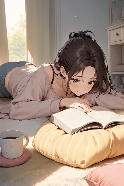 Pose: A woman in a prone position (lying on her stomach), propped up on her elbows while reading a book. Her legs are relaxed, with one slightly bent upward or crossed at the ankles.

Expression: Relaxed and focused, with a soft smile, enjoying her reading...