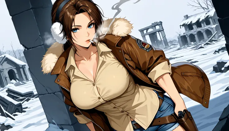 lara croft in button down shirt and jeans shorts smoking cigarette in the snowy temple ruins, cute, sassy, lara croft, ((((beige button down shirt)))), (collarbone), (rolled up sleeves), breast pockets, (untucked shirt), ((shearling jacket)), ((earmuffs)),...