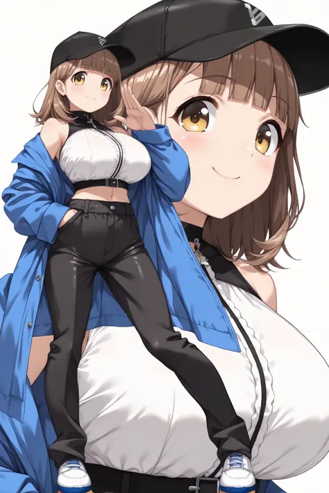 masterpiece, high resolution, ((((1girl)))), wheatish skin, ((brown hair)), ((medium hair)), ((curl inside hair)), (gold eyes), (beautiful eyes), (droopy eyes, tareme), blunt bangs, ((happy smile)), (look at viewer), ((short stature)), (huge breasts), ((vi...