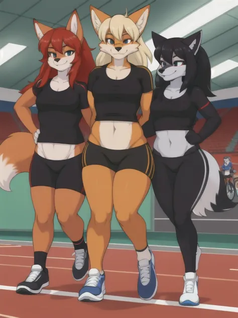 Furry, fox, wolf, girls, female, friends, trio, competition, black shirt, black spandex bike shorts, shoes, indoor running track, competition, full body