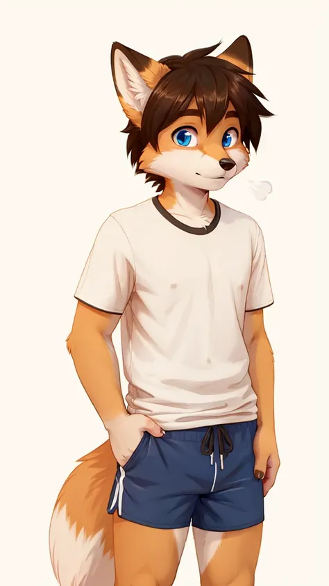 fox boy, shorts, t-shirt, plain background 