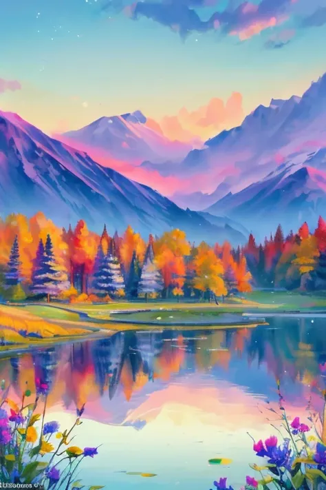 Animated and exquisitely detailed, the colors are bright and deep, pastel and dramatic, with a bright and colorful background. A breathtaking morning. Looking out over a tranquil flower field. Vibrant wildflowers bloom in the foreground and snow-capped mou...