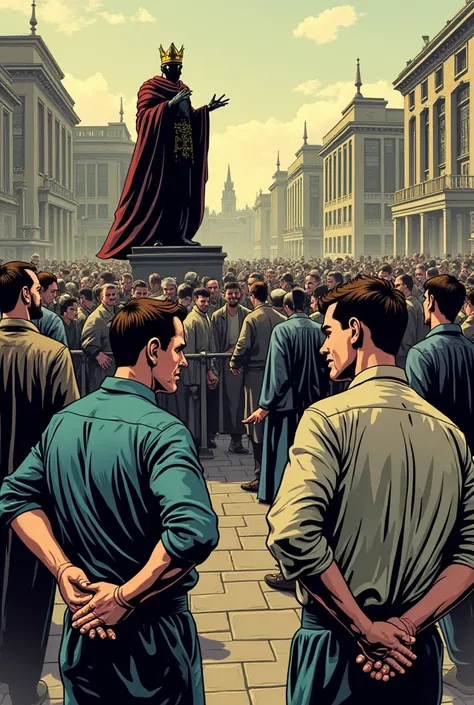 Comic of two men haraping their backs in a crowd of people watching the evil king giving a speech about the mountain