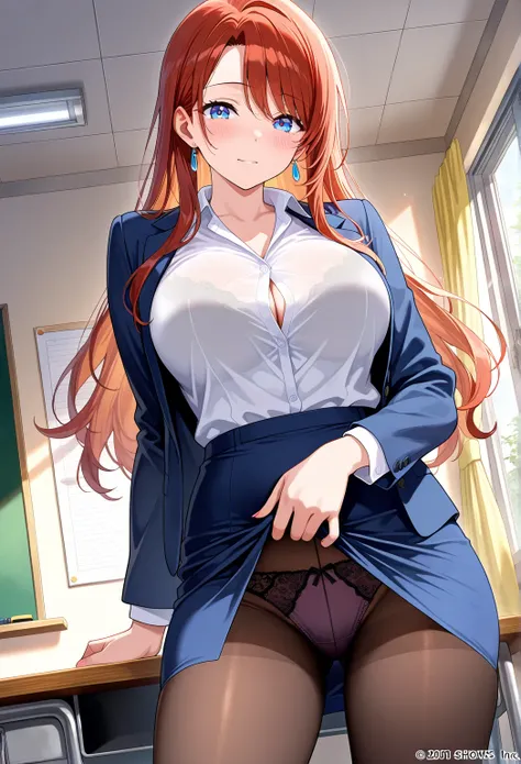 high resolution picture, masterpiece, best quality, amazing quality, official art, woman, teacher, She shows her panties without realizing it, indoors