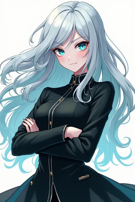  A girl with snow-white skin ,  silver hair, turquoise blue eyes, With men's black clothes, And the capture in the style of my hero Academia 