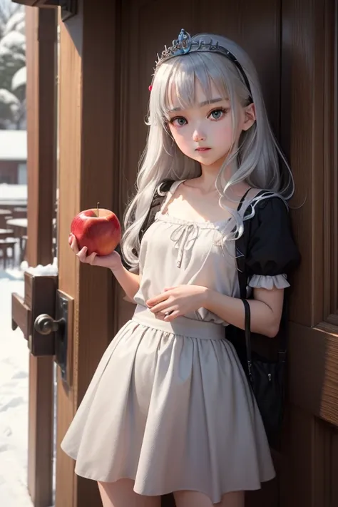  best quality,   super high resolution, anime-style , (( cute middle school girl)),( small tits),silver hair , grey eyes、snow white、 tiara 、An apple in one hand