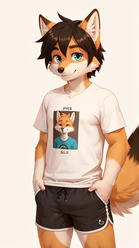 fox boy, shorts, t-shirt, plain background 