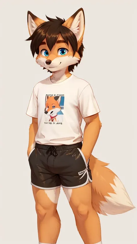 fox boy, shorts, t-shirt, plain background 