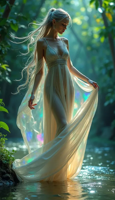 A mystical, alluring elven dancer with an ethereal glow, her slender form draped in flowing, iridescent silks that shimmer and undulate like the surface of a moonlit lake, her eyes gleaming with a sensual intensity as she weaves a hypnotic spell with every...