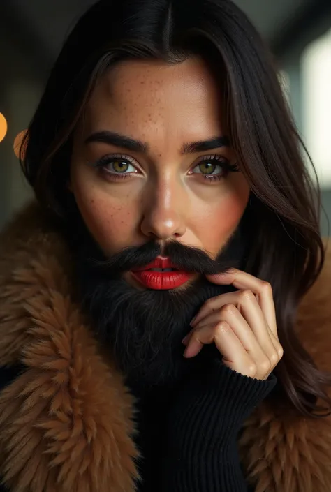 Precision image of a woman with a lush full natural beard wearing a massive faux fur coat, hyperrealistic, intricate detailed facial features, beautiful eyes, beautiful make-up done with foundation and red lips, long black eyelashes, biting her soft bottom...