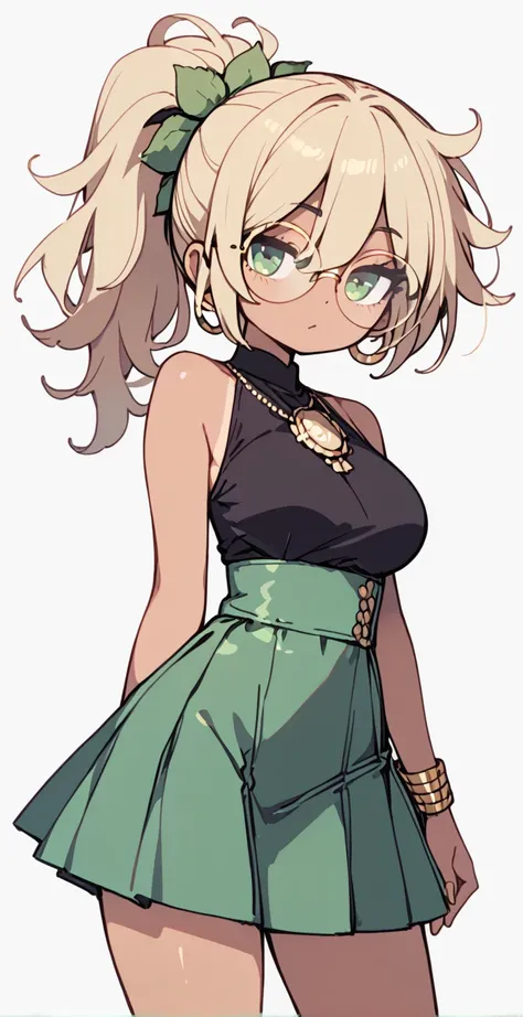 (masterpiece), majestic, 1girl, solo, tall, tan skin, blonde hair, messy hair, ponytail, green black blouse, green skirt, maxi skirt round glasses, gold trimmings, gold bracelets, black glasses, green rose in hair, head faced sideways, elegant pose